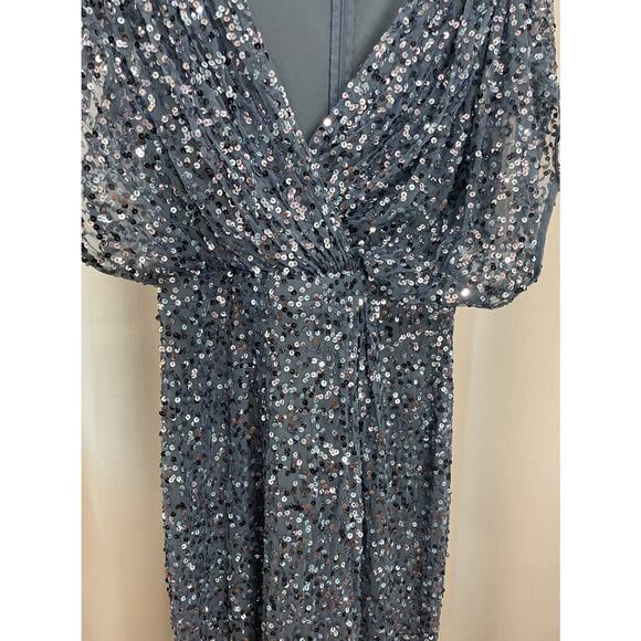 Mac Duggal Blue Draped Sleeve V-Neck Gown Slate Blue 5640 Size 4 NWT Sequins - Picture 7 of 16